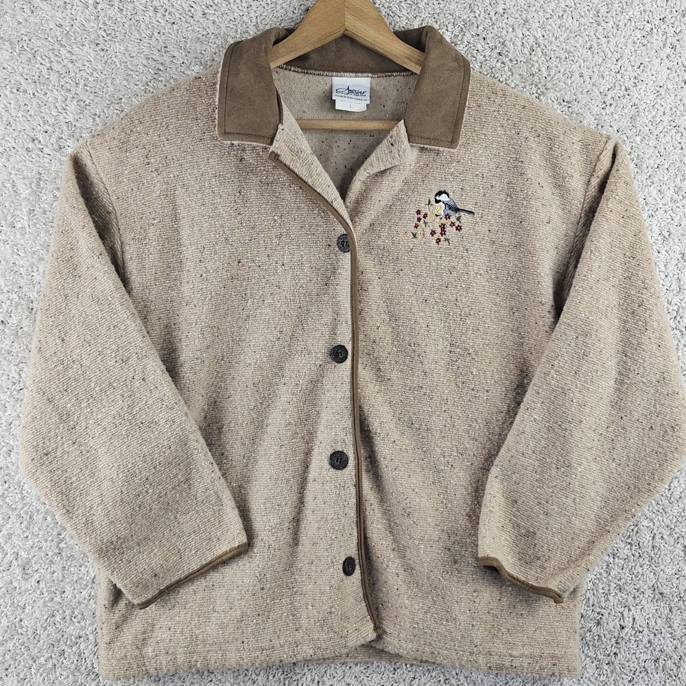 Vintage Artisans Sweater Cardigan Chickadee Embroid Sz L USA Sunschein Designs